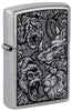 Front shot of Zippo Jungle Design Street Chrome Windproof Lighter standing at a 3/4 angle.