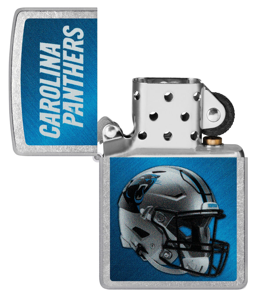 NFL Carolina Panthers Helmet Street Chrome Windproof Lighter with its lid open and unlit.