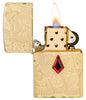 Lucky Cat Design Emblem Attached Armor® High Polish Brass Windproof Lighter with its lid open and lit.
