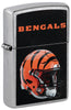 Front shot of NFL Cincinnati Bengals Helmet Street Chrome Windproof Lighter standing at a 3/4 angle.