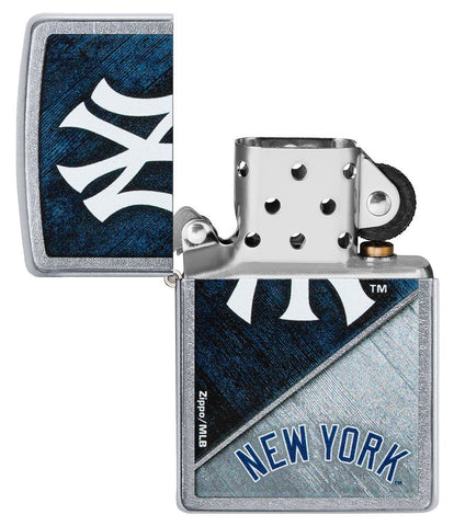 MLB™ New York Yankees™ Street Chrome™ Windproof Lighter with its lid open and unlit.