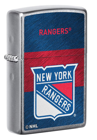 Front shot of NHL® New York Rangers Street Chrome™ Windproof Lighter standing at a 3/4 angle