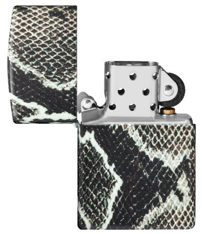 Snake Skin Design 540 Color Windproof Lighter with its lid open and unlit.