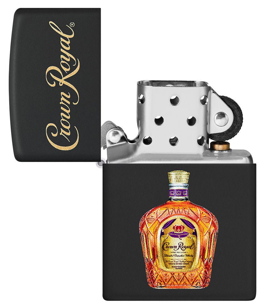 Zippo Crown Royal Logo and Bottle Black Matte Pocket Lighter with its lid open and unlit.