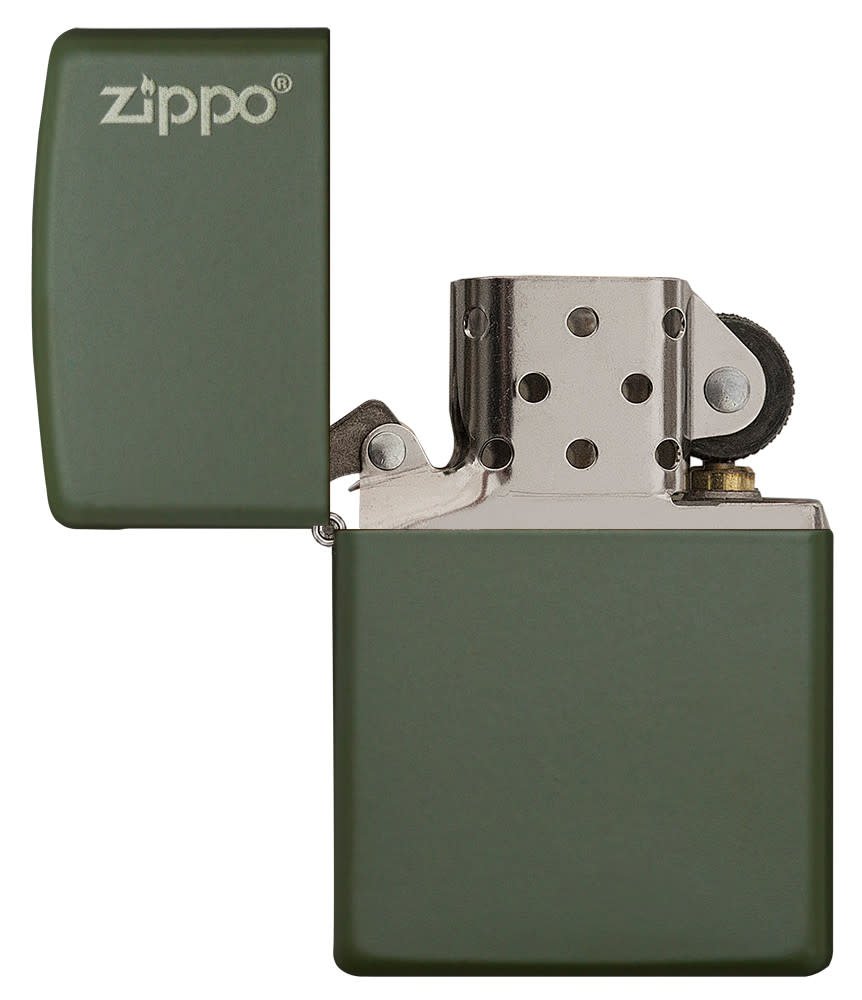 Green Matte with Zippo Logo Lighter with its lid open and unlit.