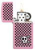 Zippo Checkered Skull Design Slim Pink Matte Windproof Lighter with its lid open and lit.