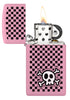 Zippo Checkered Skull Design Slim Pink Matte Windproof Lighter with its lid open and lit.