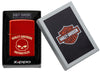 Zippo Harley-Davidson Laser Skull Metallic Red Windproof Lighter in its packaging.