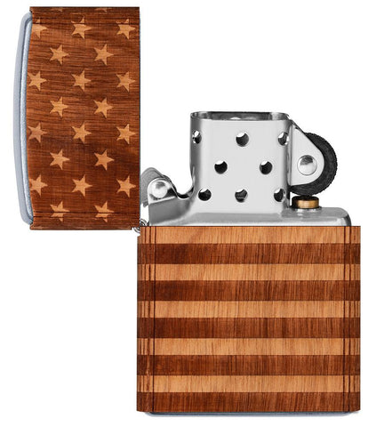 WOODCHUCK USA American Flag Wrap Windproof Lighter with its lid open and unlit