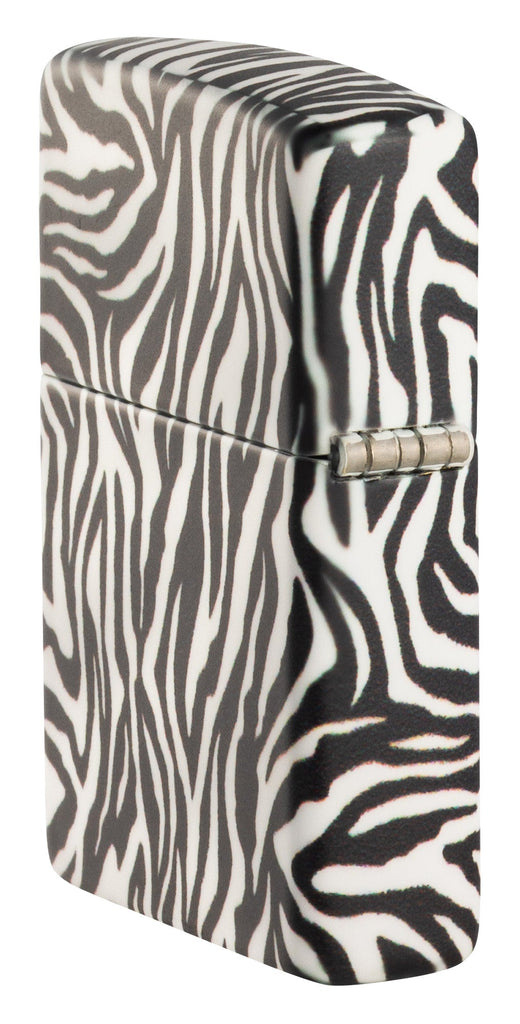 Angled shot of Zebra Print Design 540 Color Windproof Lighter, showing the back and hinge side of the lighter.