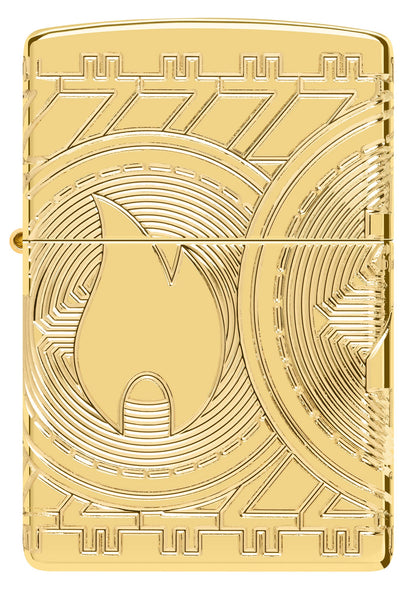 Front view of Currency Design ArmorÂ® High Polish Gold Windproof Lighter.