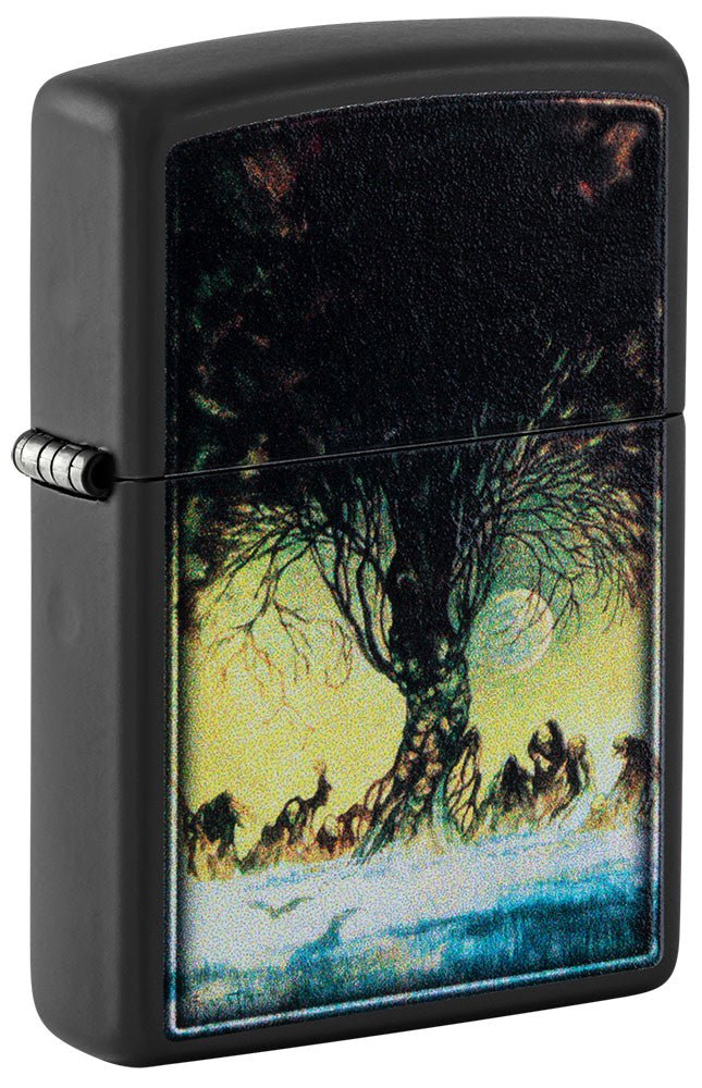 Front shot of Frank Frazetta Tree Design Black Matte Windproof Lighter standing at a 3/4 angle.
