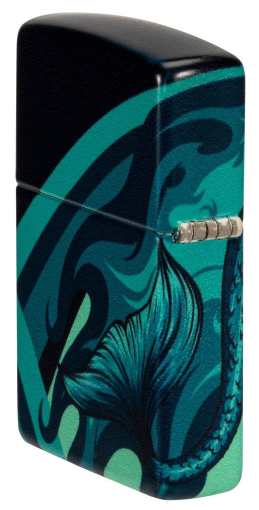 Angled shot of Zippo Mermaid Design 540 Color Windproof Lighter showing the back and hinge side of the lighter.