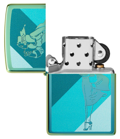 Windy Design High Polish Teal Windproof Lighter with its lid open and unlit.