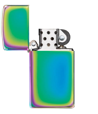 Slim® Multi Color Windproof Lighter with its lid open and unlit.