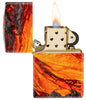Zippo Lava Flow Design 540 Fusion Windproof Lighter with its lid open and lit.