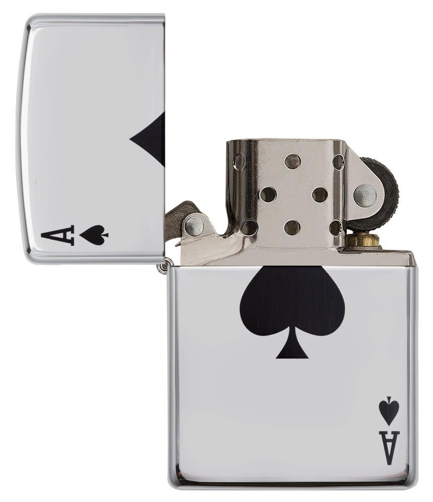 Black Ace of Spades Card High Polish Chrome Windproof Lighter open