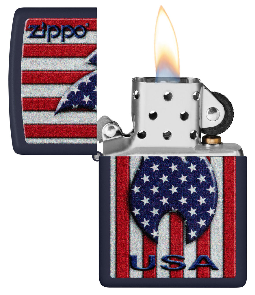 Zippo Patriotic Flame Design Navy Matte Windproof Lighter with its lid open and lit.