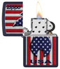 Zippo Patriotic Flame Design Navy Matte Windproof Lighter with its lid open and lit.