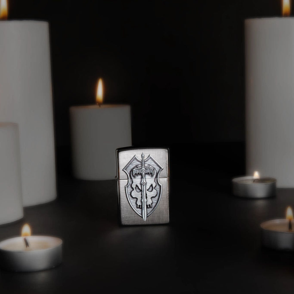 Lifestyle image of Medieval Skull Crest Linen Weave Windproof Lighter standing with lit candles.
