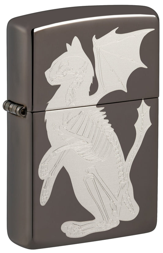 Front shot of Dragon Cat Design Black IceÂ® Windproof Lighter standing at a 3/4 angle