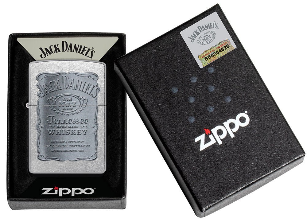 Jack Daniel's Silver Logo Street Chrome Windproof Lighter in its packaging.
