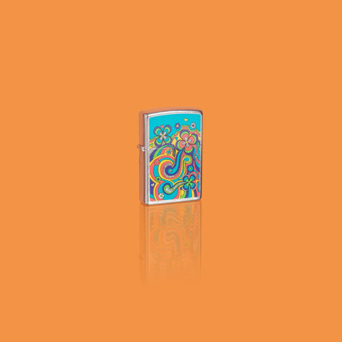 Glamour shot of Zippo Flower Power Design Street Chrome Pocket Lighter standing in a orange scene.