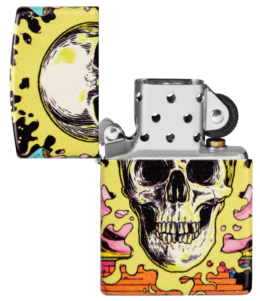Zippo Trippy Skull Design Glow in the Dark 540 Color Windproof Lighter with its lid open and unlit.
