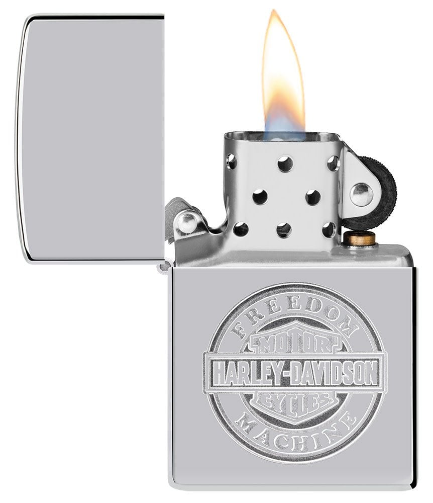 Harley-DavidsonÂ® Bar and Shield High Polish Chrome Windproof Lighter with its lid open and lit.