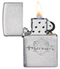 For Honor® Brushed Chrome Windproof Lighter with its lid open and lit