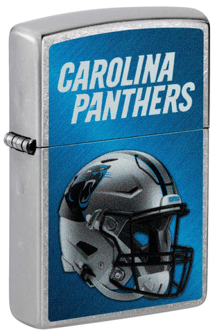Front shot of NFL Carolina Panthers Helmet Street Chrome Windproof Lighter standing at a 3/4 angle.