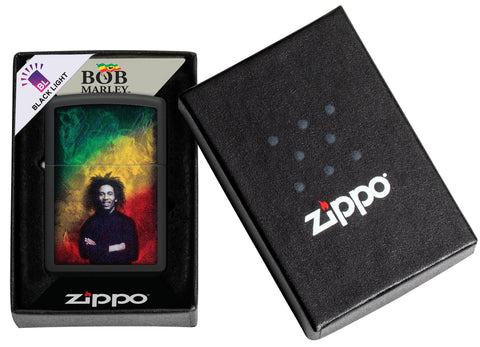 Zippo Black Light Bob Marley Design Black Matte Windproof Lighter in its packaging.