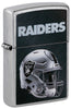 Front shot of NFL Las Vegas Raiders Helmet Street Chrome Windproof Lighter standing at a 3/4 angle.