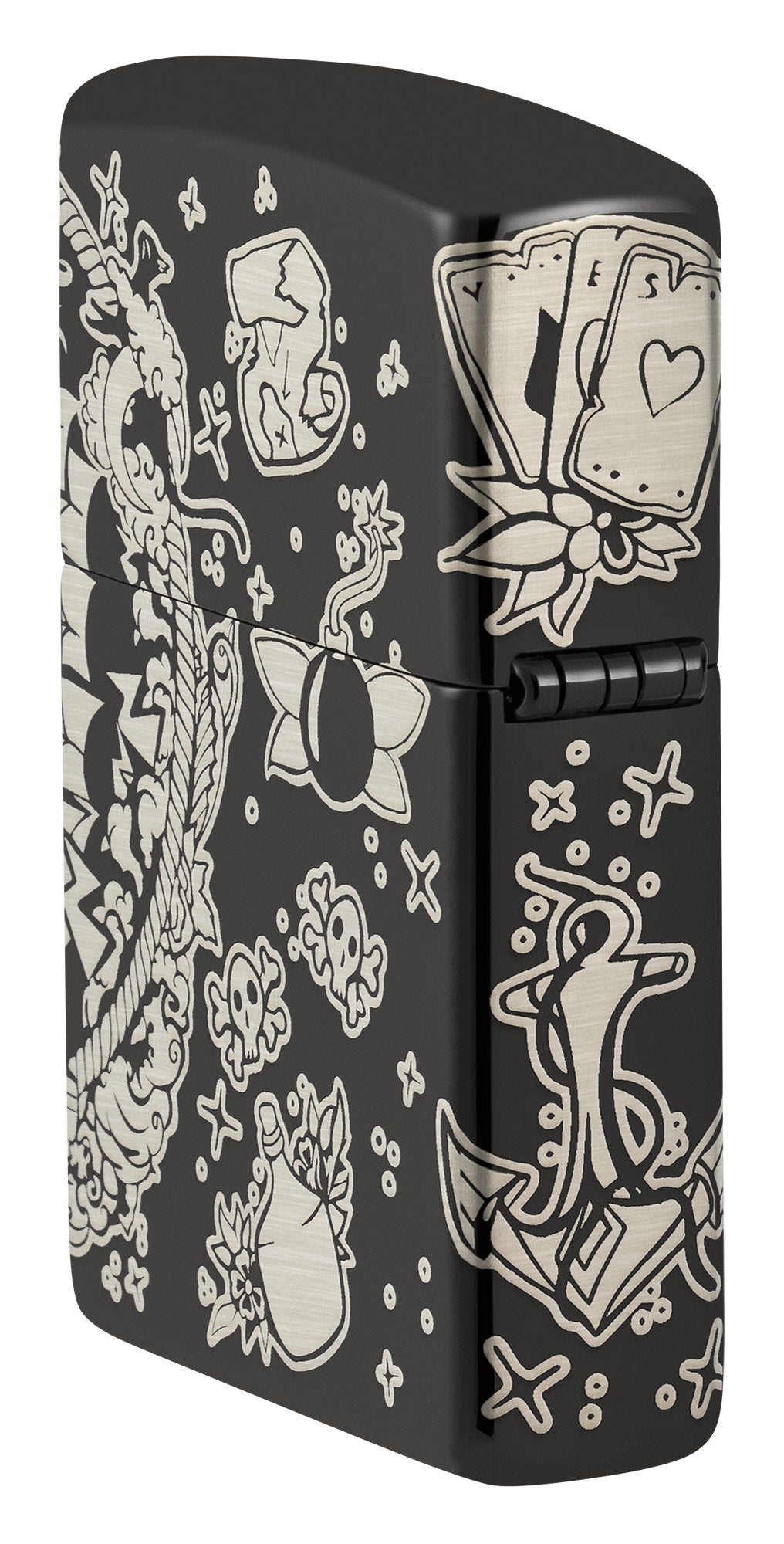 Laser 360Â° Pirates Treasure Design High Polish Black Windproof Lighter standing at an angle, showing the back and hinge side of the lighter.