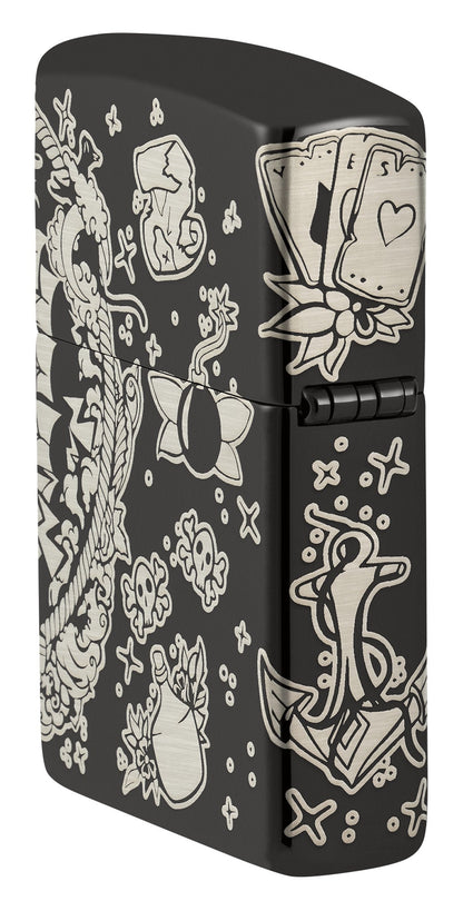 Laser 360Â° Pirates Treasure Design High Polish Black Windproof Lighter standing at an angle, showing the back and hinge side of the lighter.