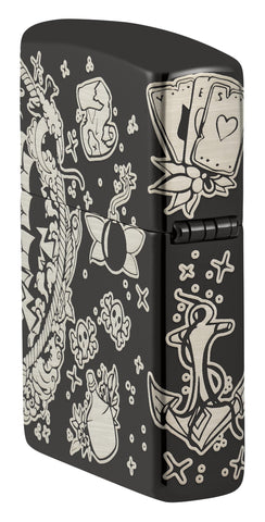 Laser 360° Pirates Treasure Design High Polish Black Windproof Lighter standing at an angle, showing the back and hinge side of the lighter.