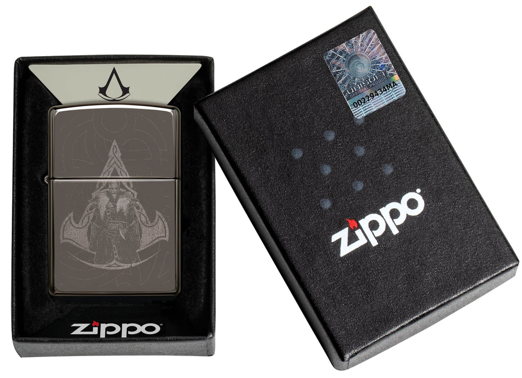Assassin's Creed® Valhalla pocket lighter closed showing the front of the lighter in the one box packaging