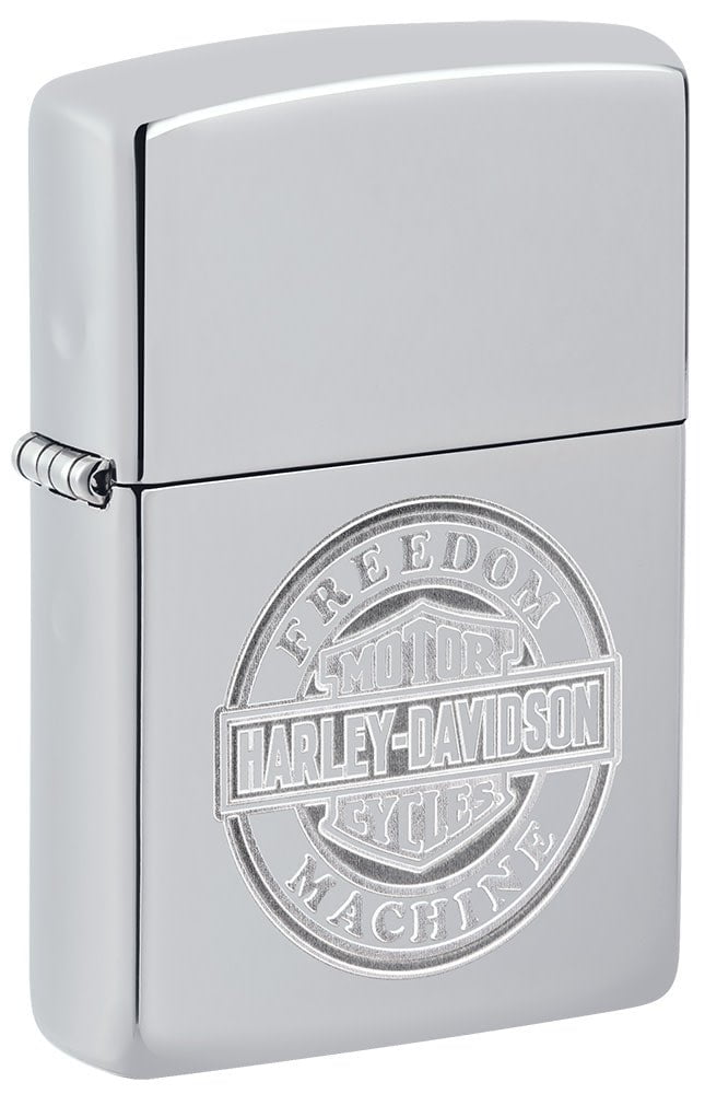 Front shot of Harley-DavidsonÂ® Bar and Shield High Polish Chrome Windproof Lighter standing at a 3/4 angle.