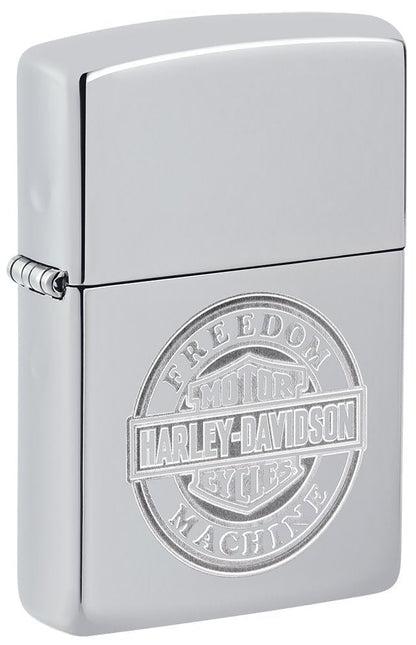 Front shot of Harley-DavidsonÂ® Bar and Shield High Polish Chrome Windproof Lighter standing at a 3/4 angle.