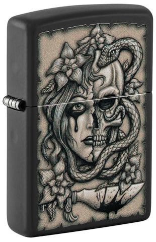 Front shot of Zippo Gory Tattoo Design Black Matte Windproof Lighter standing at a 3/4 angle.