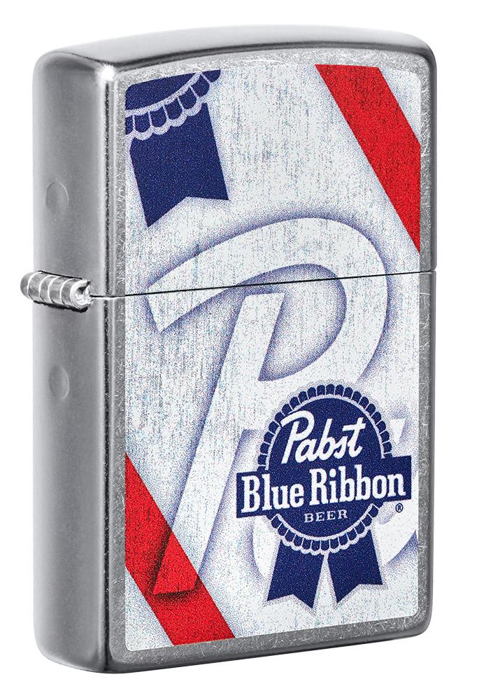Front shot of Pabst Blue Ribbon Street Chrome™ Windproof Lighter standing at a 3/4 angle