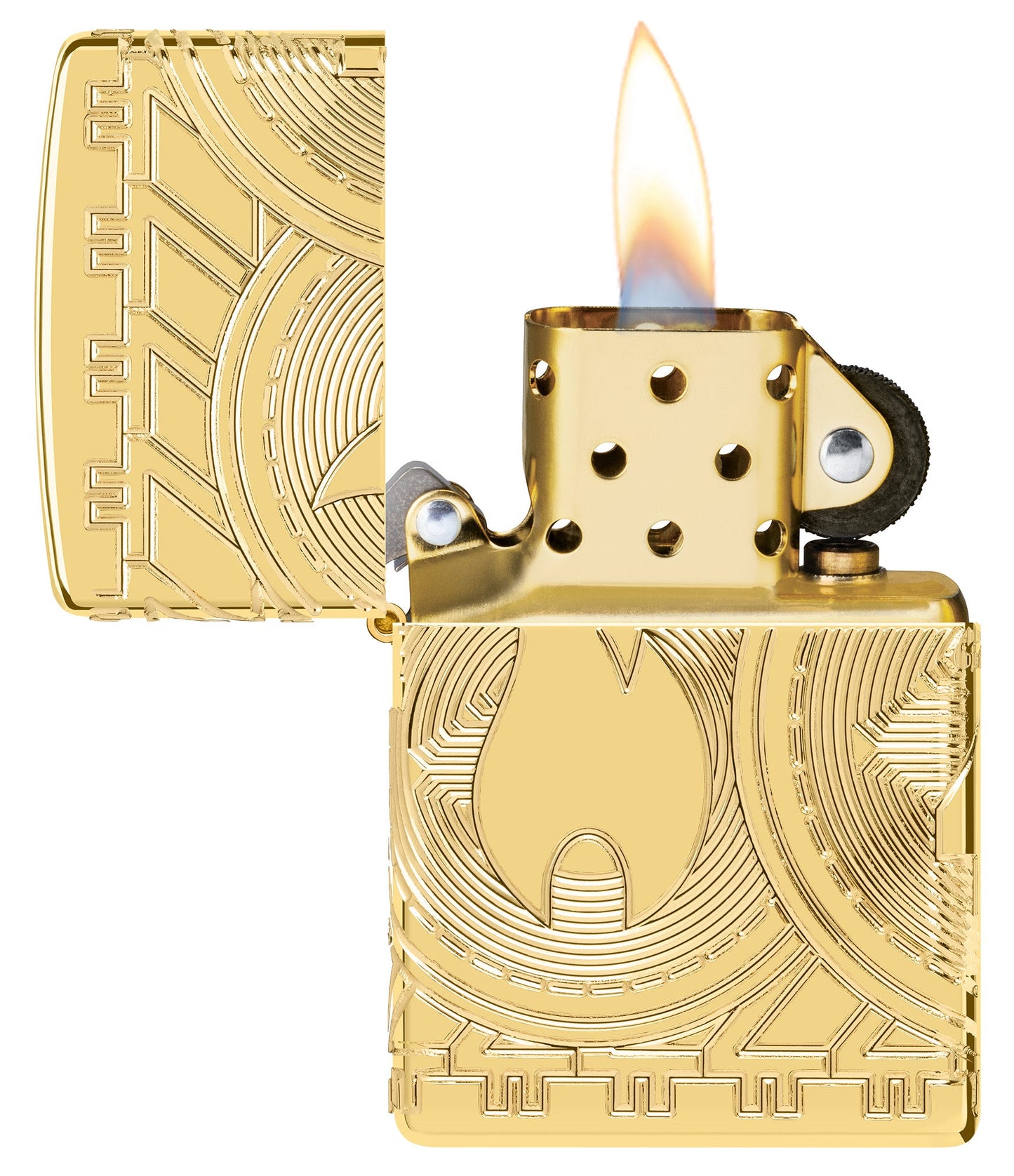 Currency Design ArmorÂ® High Polish Gold Windproof Lighter with its lid open and lit.