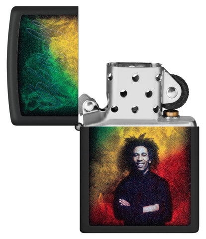 Zippo Black Light Bob Marley Design Black Matte Windproof Lighter with its lid open and unlit.