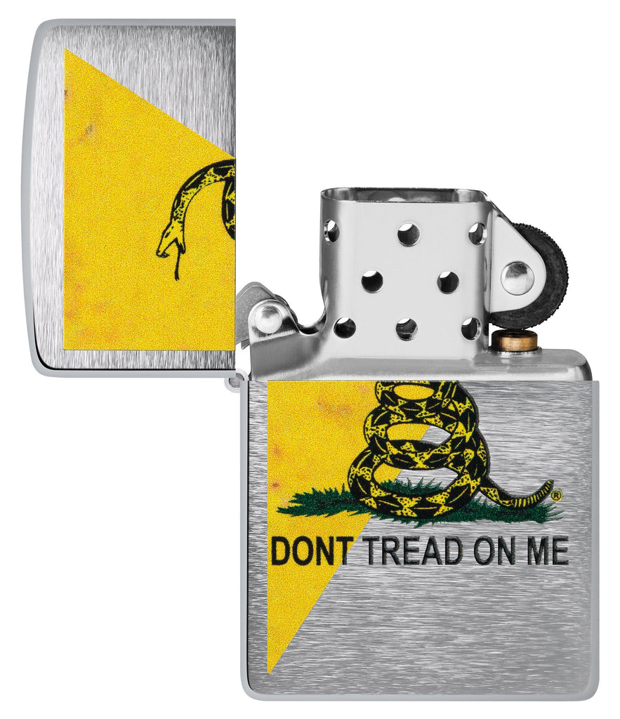 Dont Tread On Me Flag Design Street Chrome™ Windproof Lighter with its lid open and unlit.