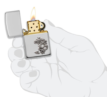 ArmorÂ® Chinese Dragon Sterling Silver Emblem Windproof Lighter lit in hand.