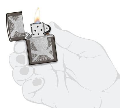 John Smith Gumbula Owl Black IceÂ® Windproof Lighter lit in hand