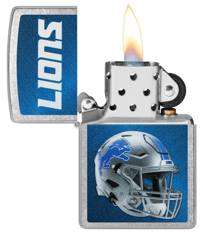 NFL Detroit Lions Helmet Street Chrome Windproof Lighter with its lid open and lit.