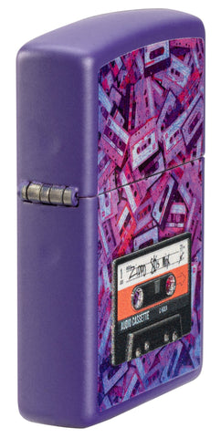 Angled shot of Zippo Cassette Tape Design Purple Matte Windproof Lighter showing the textured print.