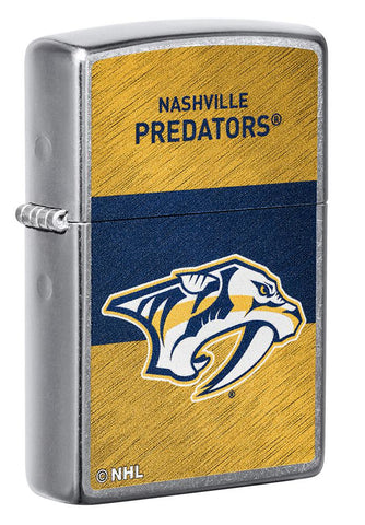 Front shot of NHL® Nashville Predators Street Chrome™ Windproof Lighter standing at a 3/4 angle