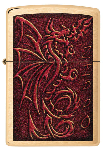 Front shot of Medieval Mythological Dragon Brushed Brass Windproof Lighter.